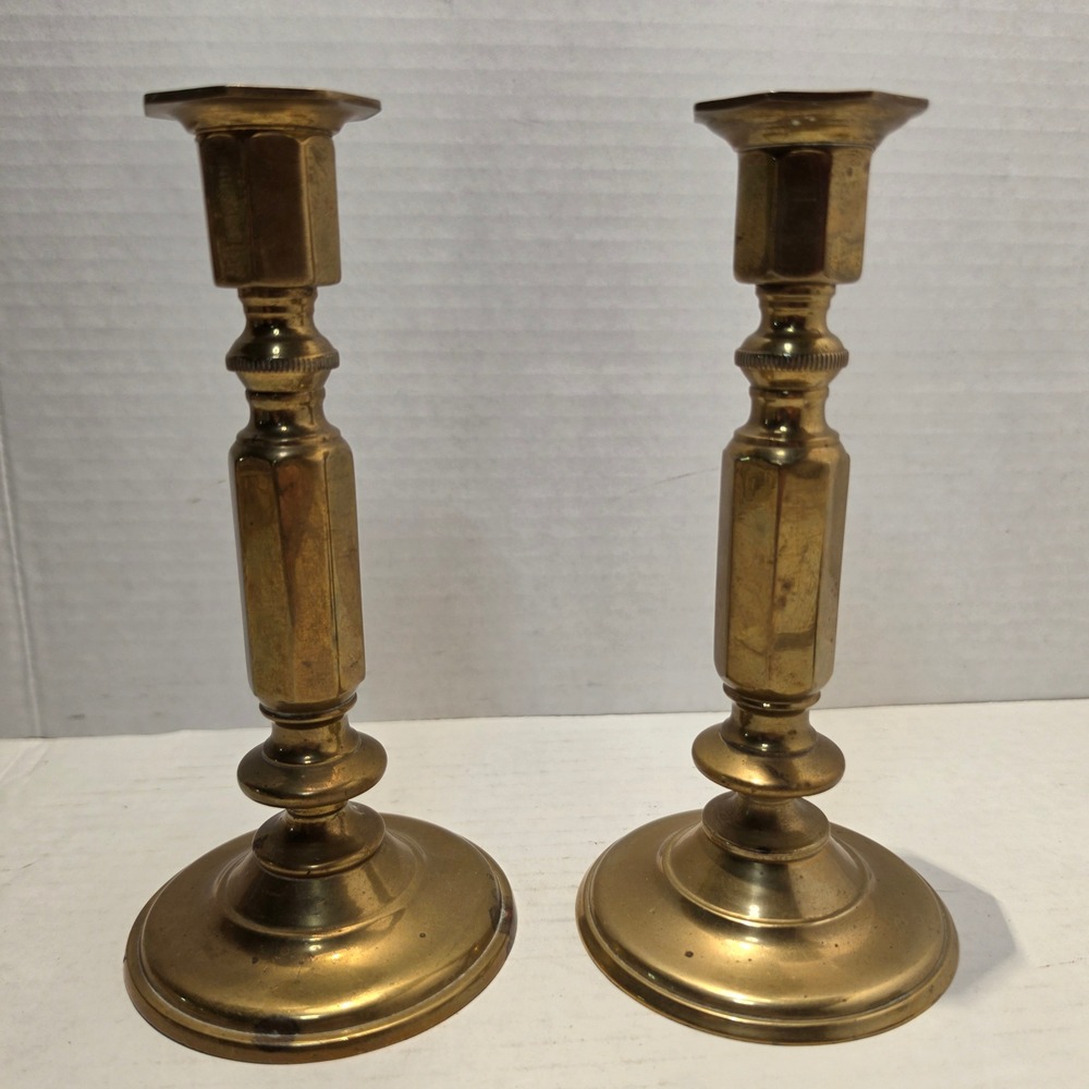 Vintage Solid Brass Candlestick Holders Pair Octagonal Stem Taper Candle Stands